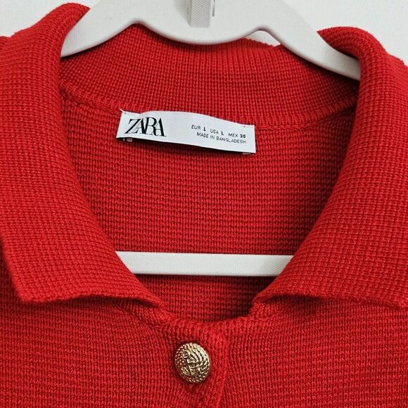Zara Cardigan Large Red Knit Gold Button Collar Lapel Sweater Bloggers Fave NWOT - Picture 3 of 10